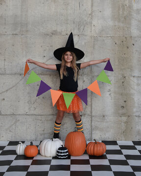 Halloween Party Girl Holding Pennant