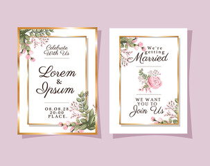 Two wedding invitations with gold frames pink flowers and leaves design, Save the date and engagement theme Vector illustration
