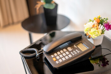Interior design of house, home, villa, condo, apartment feature land line telephone on the table with artificial flower