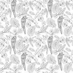 . Exotic jungle leaves, flowers and parrot seamless pattern