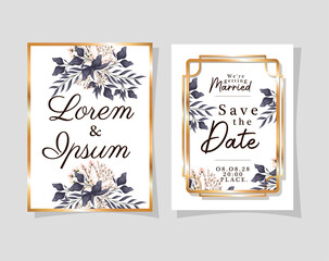Two wedding invitations with gold frames flowers and leaves design, Save the date and engagement theme Vector illustration