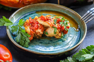 chicken meat tomato sauce chakhokhbili piece of vegetables chunk fried chashushuli second course food background top view copy space for text eating healthy