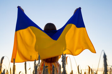 Girl with the flag of Ukraine in a field among wheat