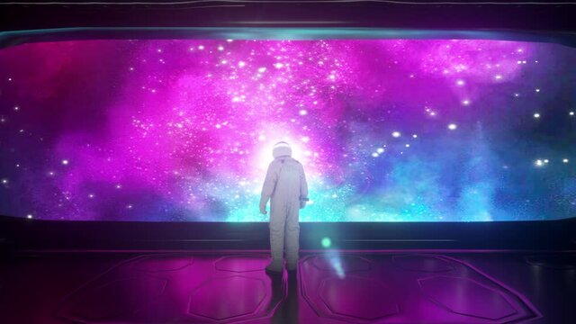Alone astronaut in futuristic spaceship. View of the starry sky