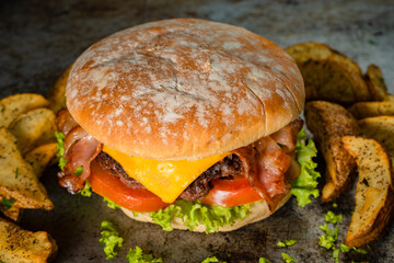 Tasty burger on rustic background
