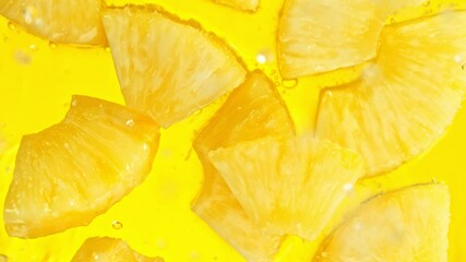 Super Slow Motion Shot of Pineapple Slices Falling into Water on Yellow Background at 1000fps.