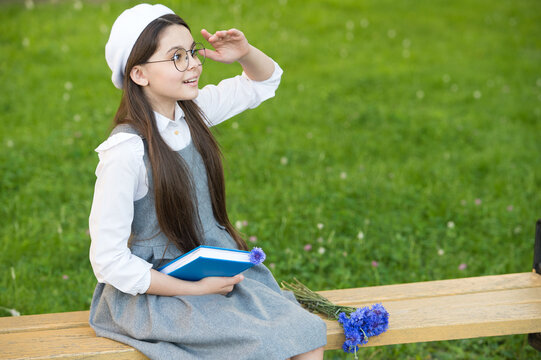 Elegant Schoolgirl Child Girl Reading Book In Park, Elite School Concept