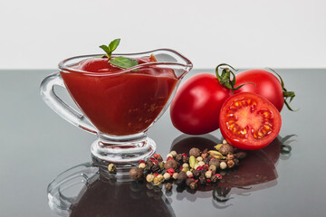 Cherry tomatoes and glass gravy boat with ketchup on a black background. Tomato sauce and tomato, glass sauce-boat, gravy boat. 