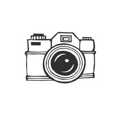 Camera with lens. Vector illustration. Doodle drawing isolated on white background.