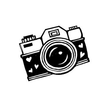 Camera with lens decorated with hearts. Hand drawn vector illustration.