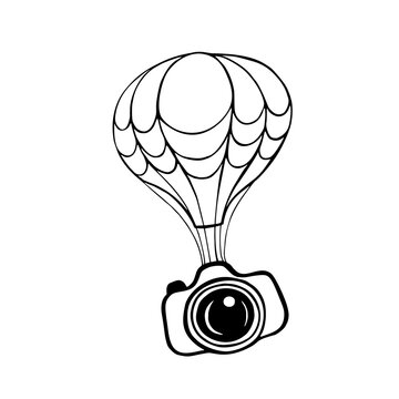 recommend clip art: Flying camera with a parachute. Symbol of travel photography. Vector hand drawn illustration.