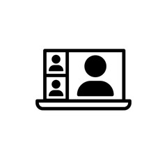 Video conference icon. Person on computer screen. Home office. Digital communication. Internet teaching media.