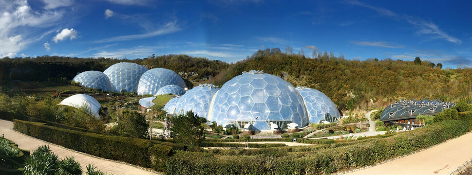 St Austell, UK: April 13, 2016: View of the biomes at the Eden Project. Inside the biomes, plants from many diverse climates and environments have been collected and are displayed to visitors.
