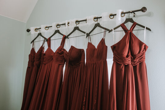 Bridesmaid Dresses Hanging In Bridal Suite