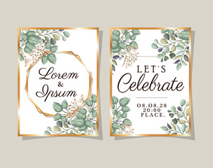 Two wedding invitations with gold frames flowers and leaves design, Save the date and engagement theme Vector illustration