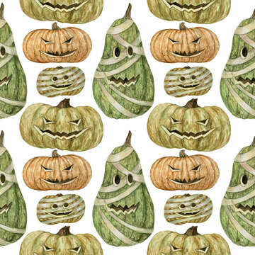 Watercolor hand painted seamless pattern with Halloween pumpkins on white