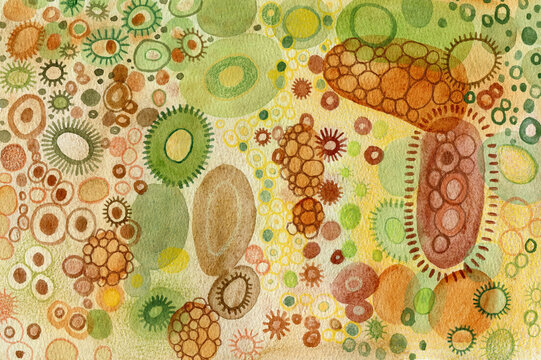 Abstract watercolor painting with little amebas in autumn palette