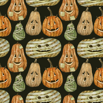 Halloween pumpkins seamless background on dark
