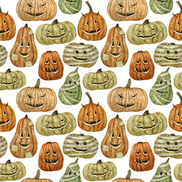 Watercolor hand painted seamless pattern with Halloween pumpkins on white