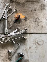 Obraz na płótnie Canvas Tools in a car repair shop. Tire service and wheel replacement