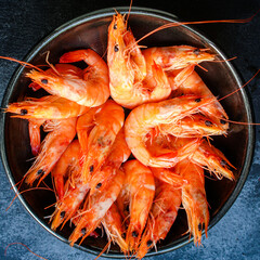 shrimp cooked seafood ready to eat prawn serving size snack. food background top view copy space healthy eating raw pescetarian 