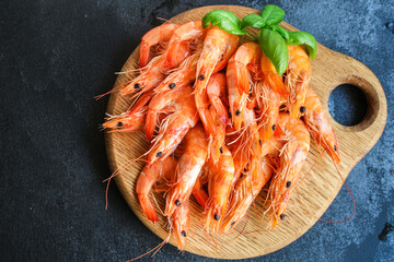 shrimp cooked seafood ready to eat prawn serving size snack. food background top view copy space healthy eating raw pescetarian 