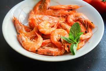 shrimp cooked seafood ready to eat prawn serving size snack. food background top view copy space healthy eating raw pescetarian 