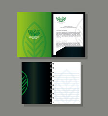 corporate identity brand mockup, notebook and brochure green mockup, green company sign