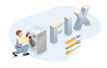 Washer, worker, isometric word Fix. Home appliance repairs concept. Vector.
