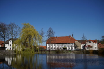 Naklejka na ściany i meble Spiegelung im Wasser an einem Teich mit Häusern