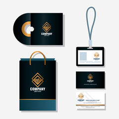 corporate identity brand mockup, set business stationery on white background, black mockup with golden sign