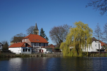 Obraz premium Spiegelung im Wasser an einem Teich mit Häusern