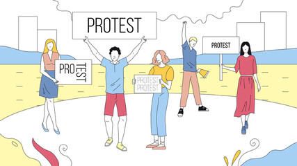 Concept Of Mass Protest Action. Dissatisfied People With Banners Complaining And Taking Part In Strike On City Street. Characters Defend Their Rights. Cartoon Linear Outline Flat Vector Illustration