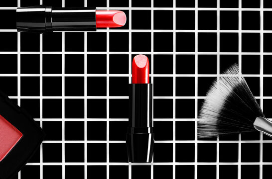 Various Cosmetics on Grid Background