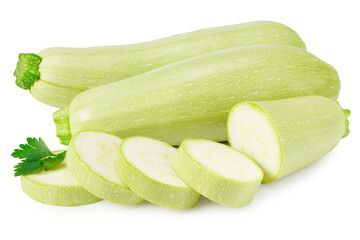 fresh green zucchini or marrow with slices and parsley isolated on white background