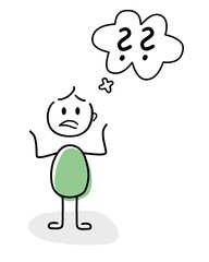 Fragendes Comic style Strichmännchen. Zeichnung signalisiert eine Frage. Veränderbare und anpassbare Vektordatei. Verwendbar für Präsentationen, Vorträge oder Poster.