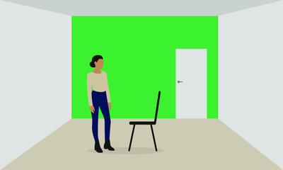 Female character and chair in empty room with closed door