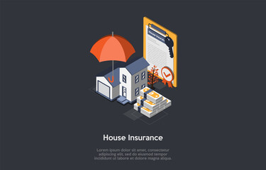 House Insurance Concept Illustration On Dark Background With Lorem Ipsum Text. Isometric Items For Real Estate Property In 3D Style. House With Garage, Money, Umbrella, Insurance Contract And Keys