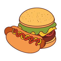 hamburger fast food with hot dog, on white background