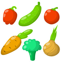 Set of vegetables. Harvest. Red, orange and green object. Cartoon flat illustration. Fresh natural village products. Tomato, pepper, onion, cucumber, broccoli, carrot