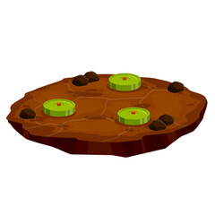 Minefield. Set of mines on ground. Rocks and grass. Explosive element of war. Cartoon flat illustration. Green lawn with bombs. Modern warfare landscape