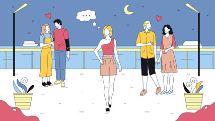 Romantic Relationship, People Dating Concept. Couples in Love Spending Time On Embankment With Romantic Ocean View. Romantic Street Atmosphere. Cartoon Linear Outline Flat Style Vector illustration