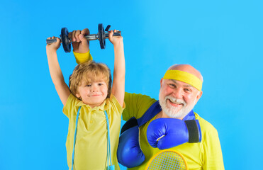Sporting. Sport game. Family workout together. Family sport. Portrait of grandfather and son...