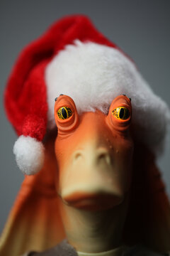 NEW YORK USA -  JUNE 22 2018:  Portrait of Jar Jar Binks from the Star Wars prequel movies with a Christmas theme - Hasbro action figure 