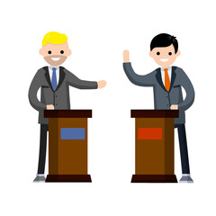 Man and political debate. guys in shirt. state elections. red vs blue idea - Cartoon flat illustration. Discussion of important cases. Two guys in tribune discussion.