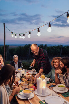 Middle-Aged Man Carves Up Roasted Turkey