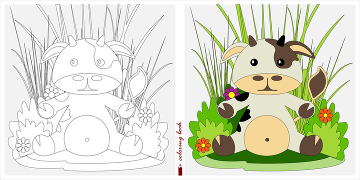 Black-and-white and color images for a color book. Contour drawing with children's themes. A cow is sitting on a lawn among flowers and bushes. For color books, children prints, postcards, stickers.