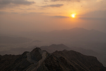 Traffic travelling around mountain pass on the zig zag road in Al Hada, Taif region of Saudi Arabia