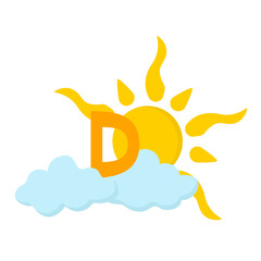 Vitamin D with a yellow sun and clouds stylized as a cartoon style. Concept for preventing vitamin deficiency in medical booklets
