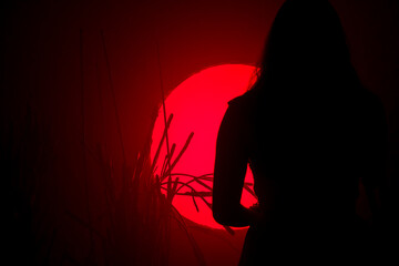 Female silhouette on a background of red neon light